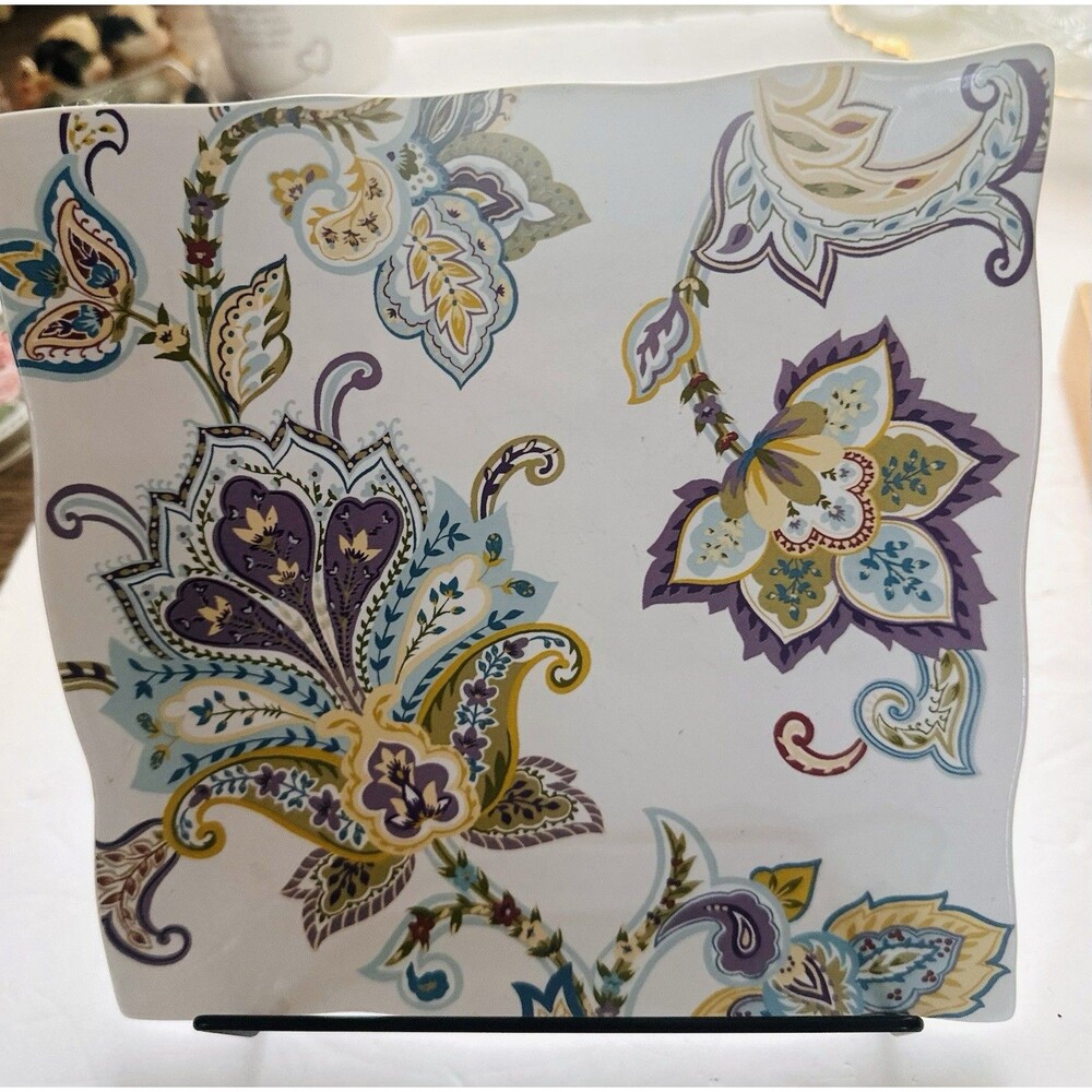 222 Fifth Indochine Purple Square  Paisley Floral  Salad Plates Set of 2 8"
